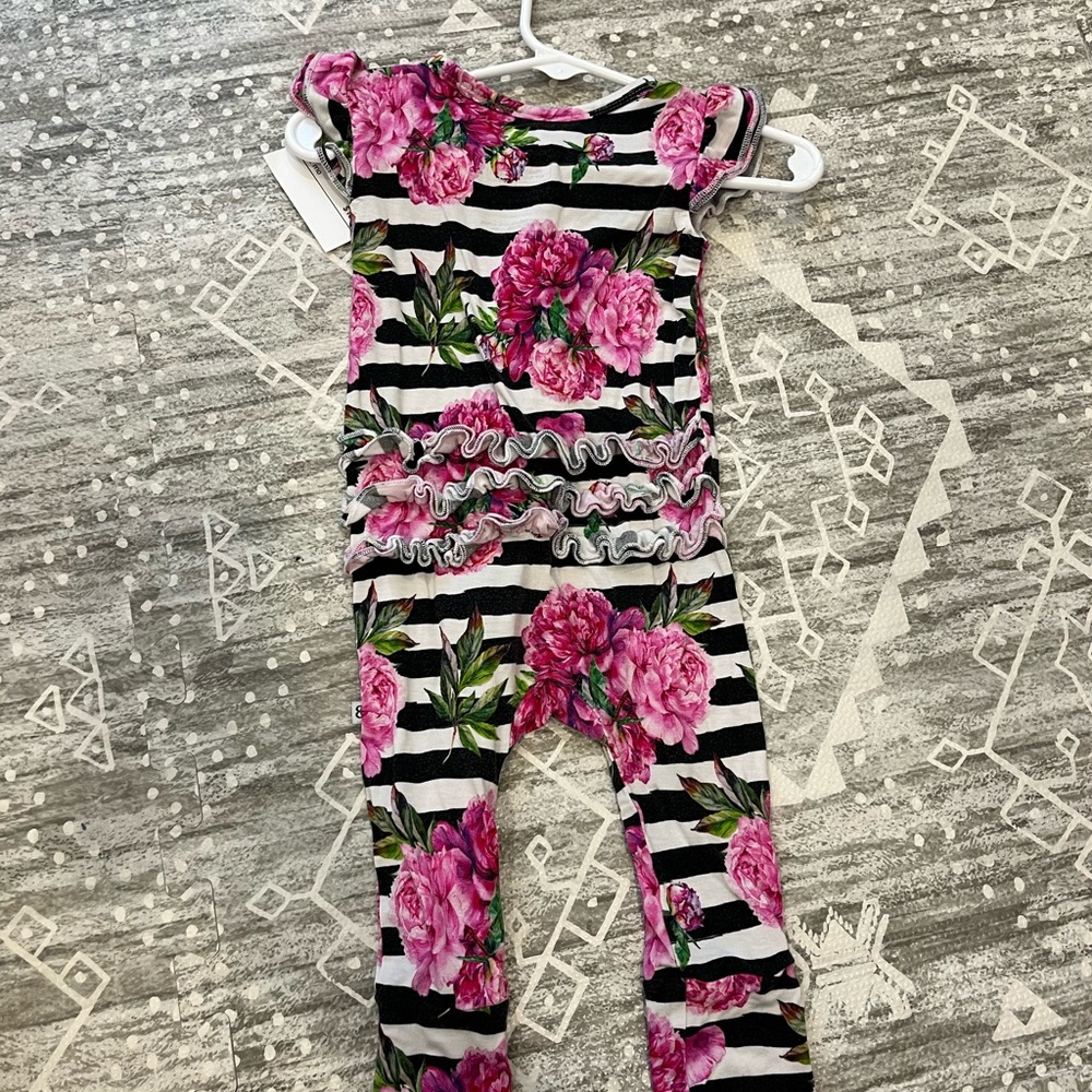 Bums and Roses cap sleeve romper with ruffled butt